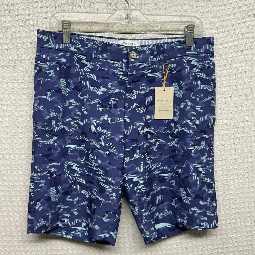Peter Millar Mens 30 Salem Tropical Camo Performance Shorts $115 Flat Front Blue